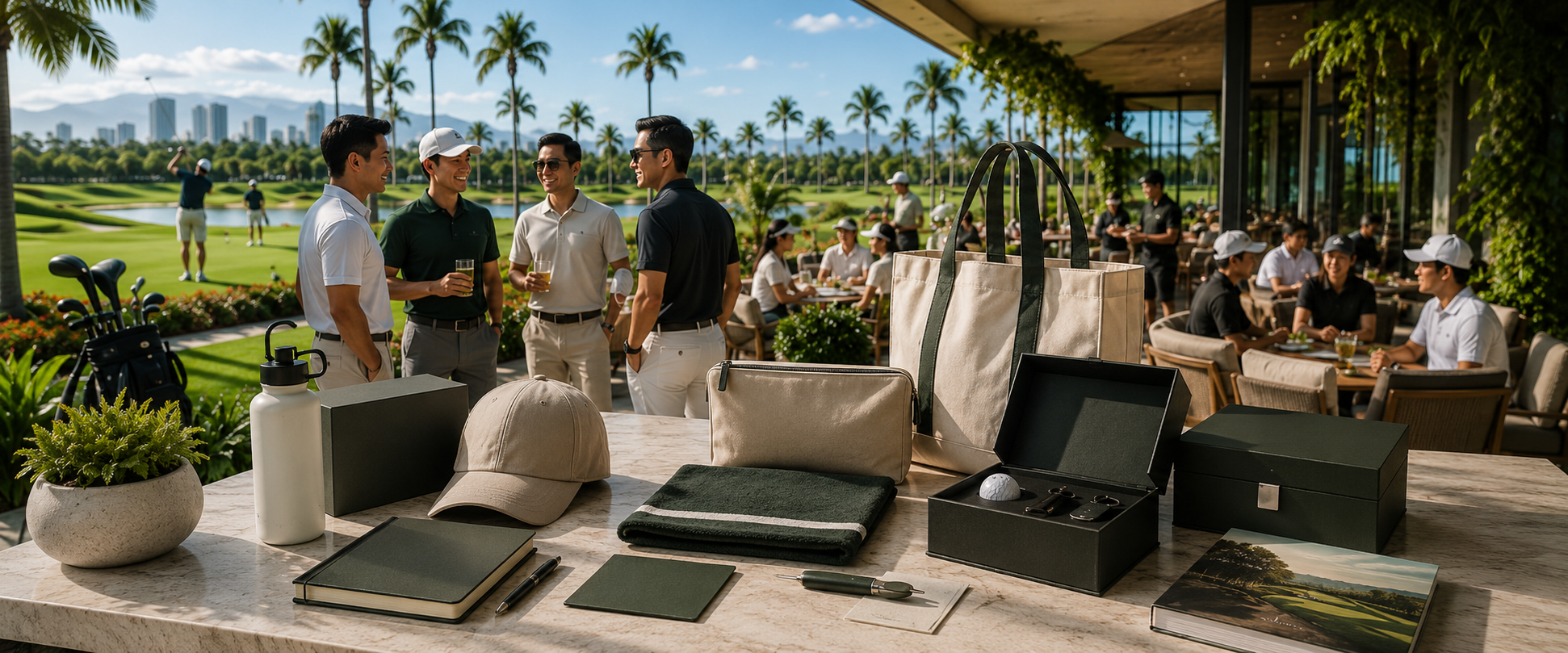 Branded golf merch display at clubhouse overlooking the course