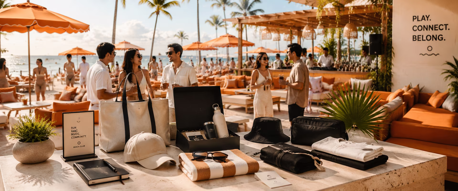 Branded beach club merch display with guests and ocean view