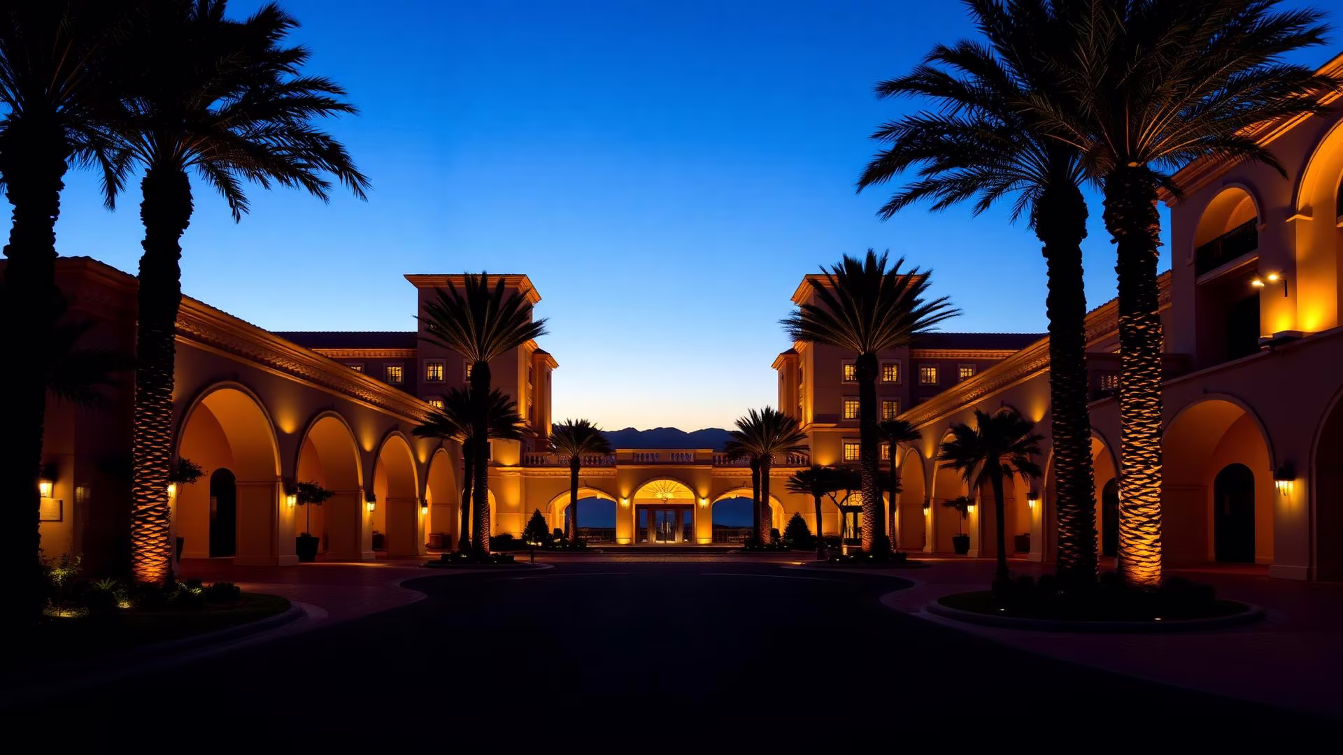 Grand luxury hotel facade at twilight