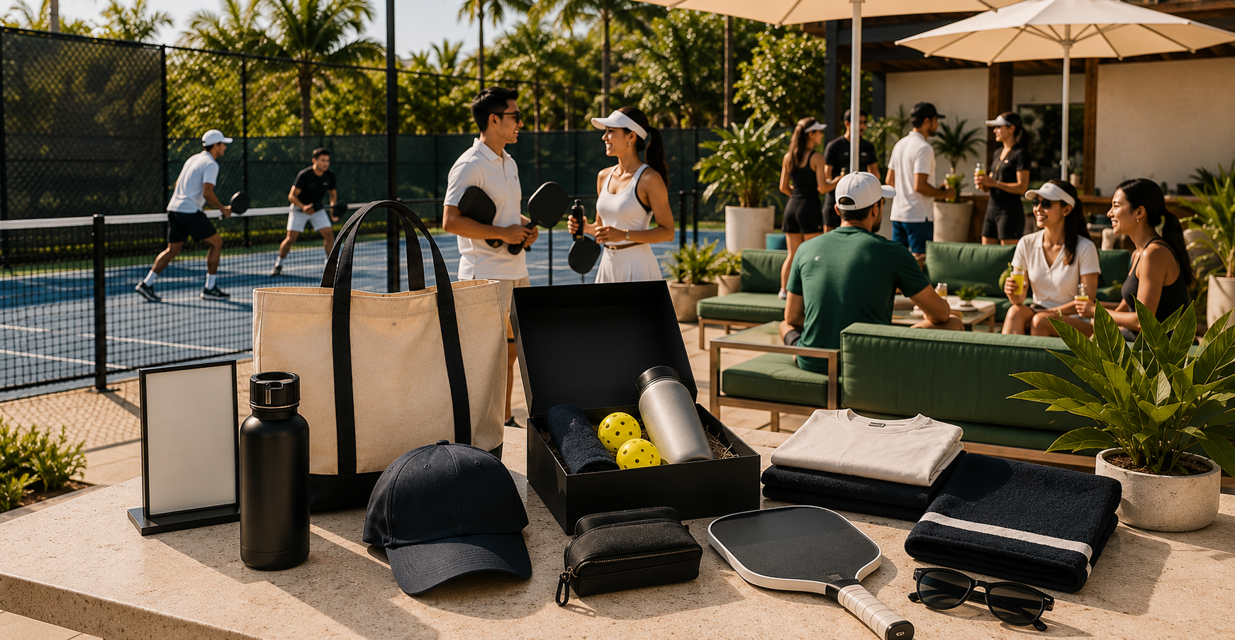 Branded pickleball merch display courtside