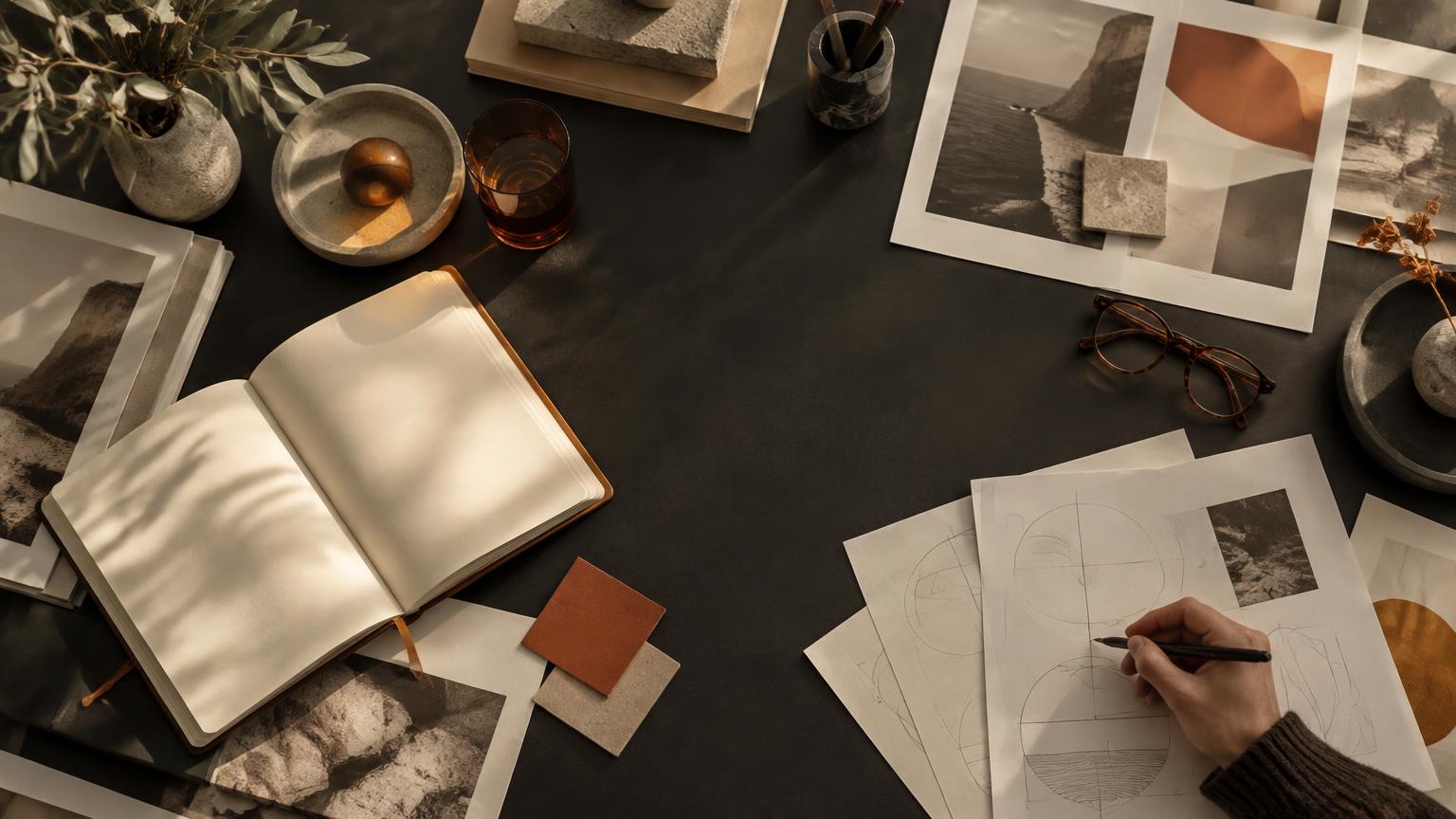 Editorial research materials, abstract layouts, and an open notebook