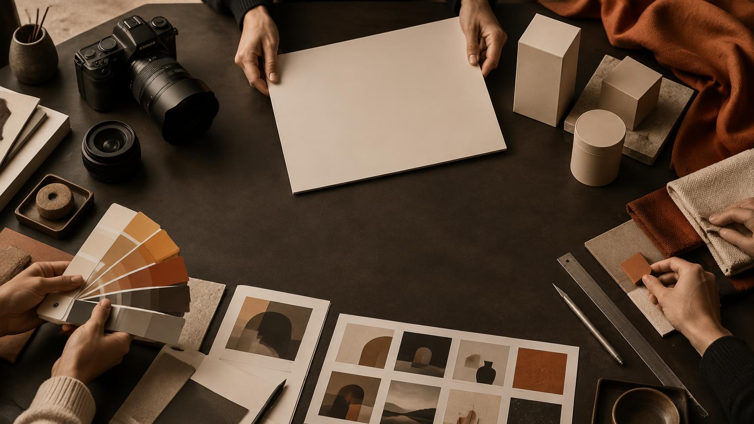 Creative production tools, colour swatches and campaign materials at a creative consulting agency