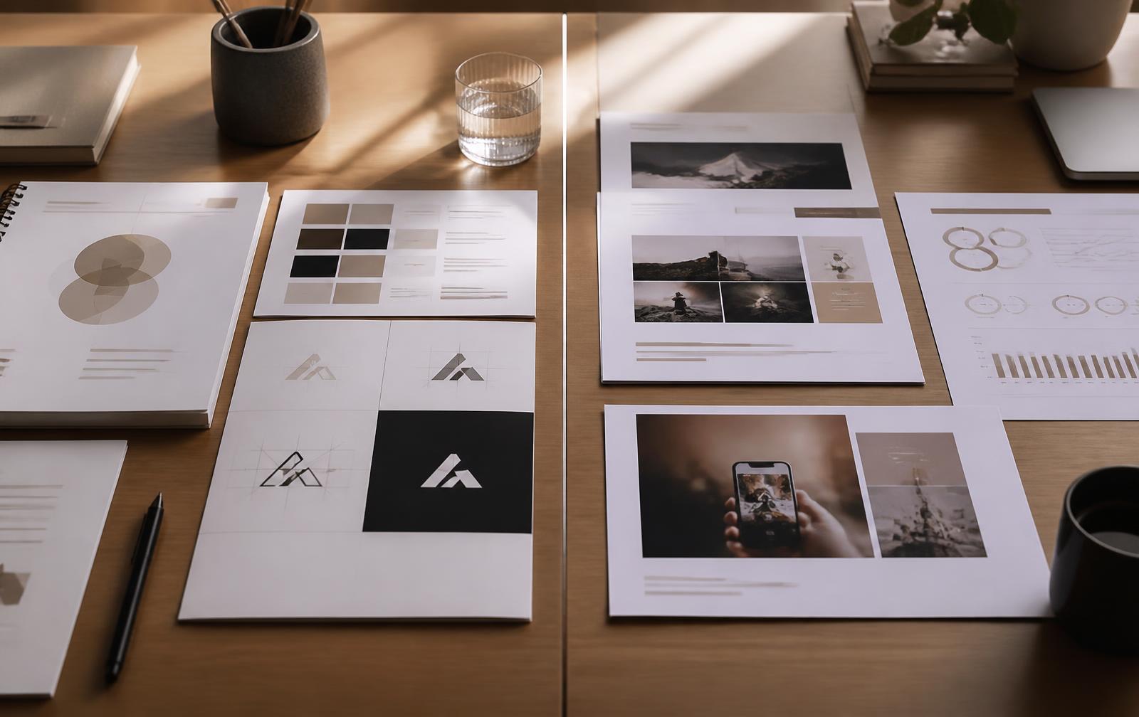 Brand positioning studies laid beside campaign layouts and performance reporting on a studio table