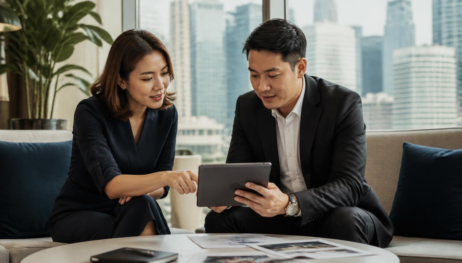Two business professionals reviewing a B2B content strategy on a tablet in a Singapore office