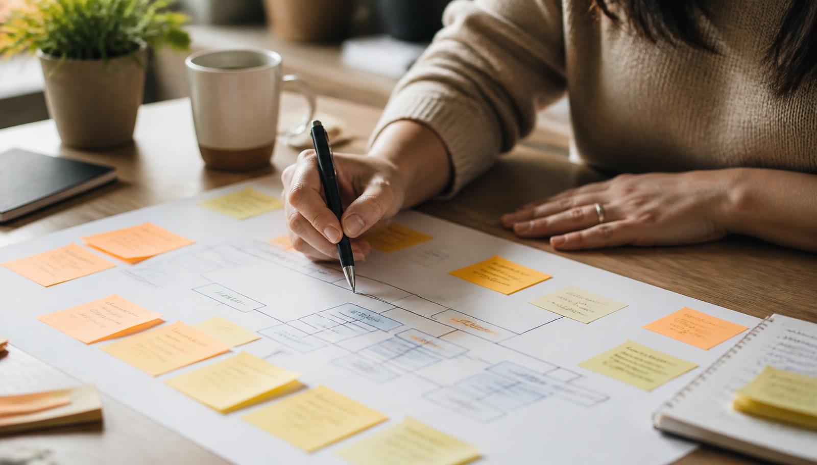 Content strategist mapping an SEO content plan across printed site structure diagrams and sticky notes