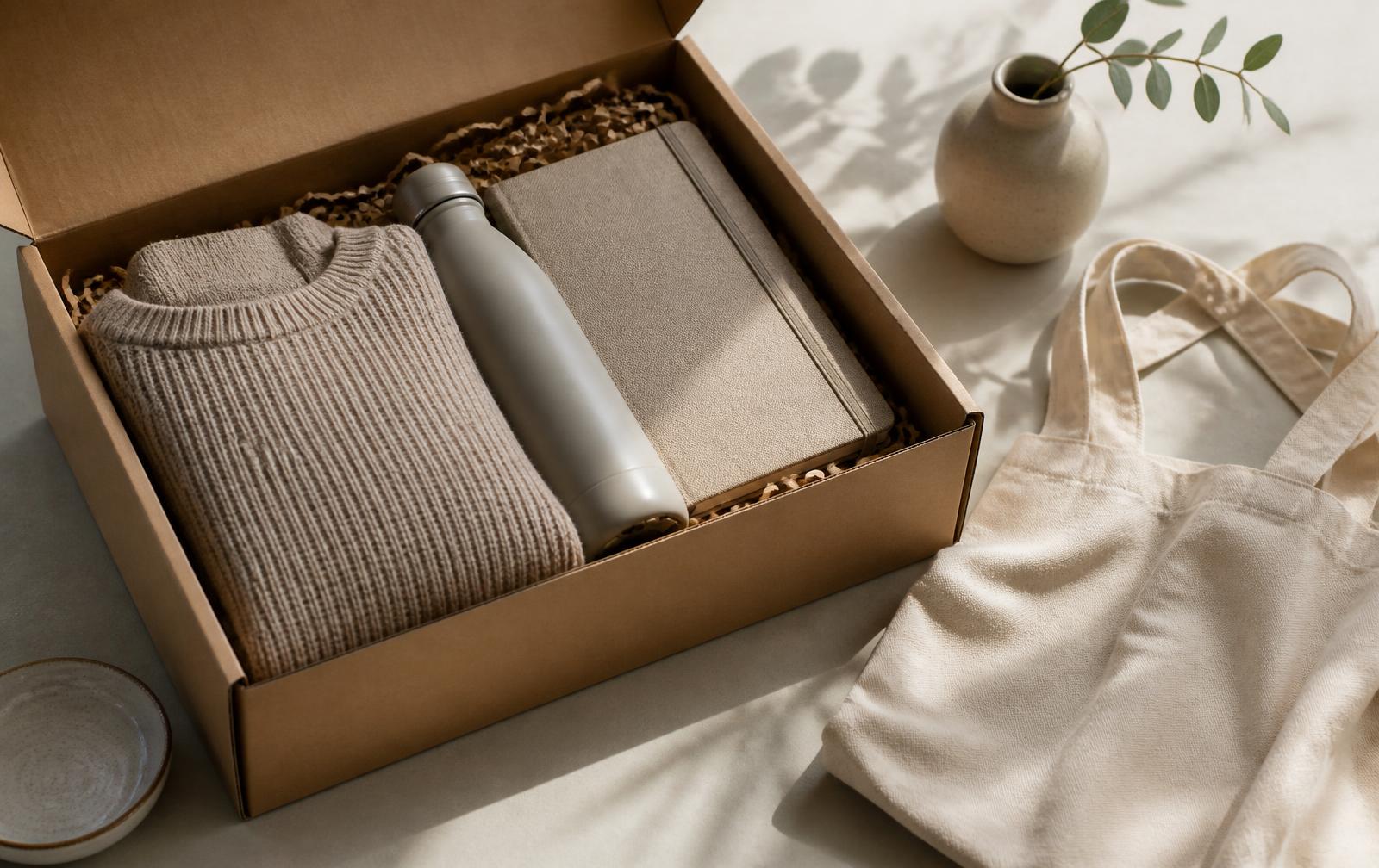 Curated corporate gift box with branded apparel, a reusable bottle, a notebook and a canvas tote