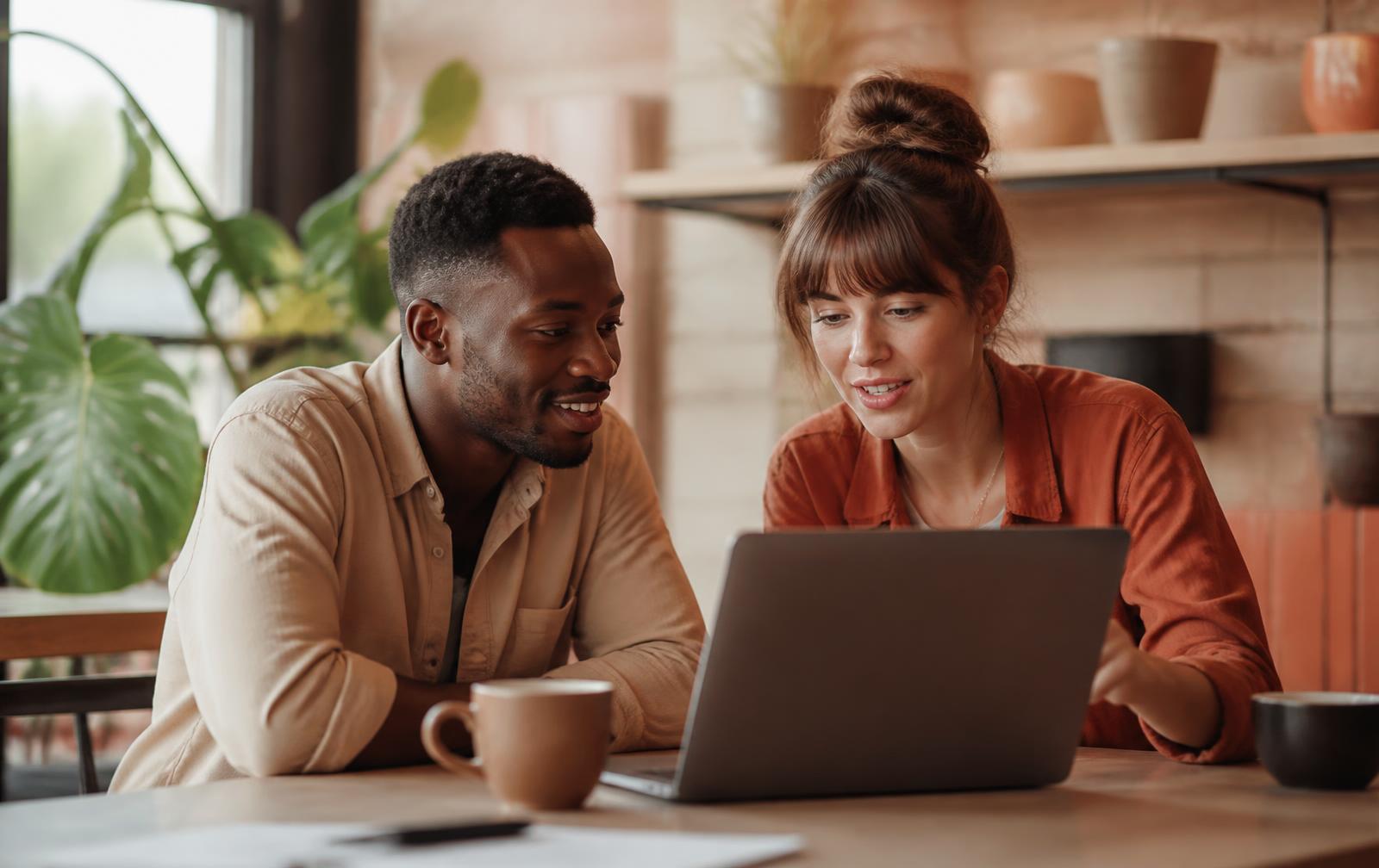 Small business owners reviewing their social media strategy together on a laptop